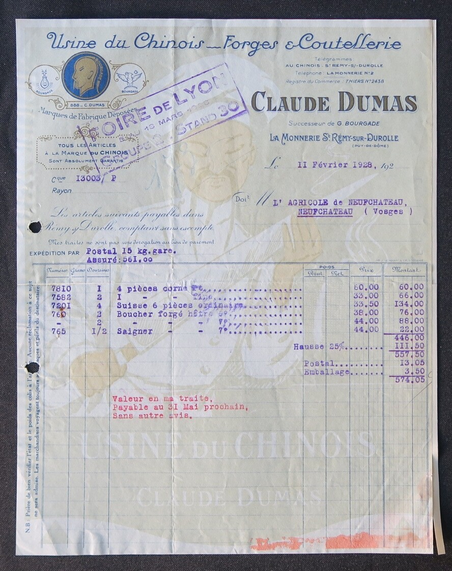 Invoice 1928 CHINESE FACTORY knife knife China china illustrated 115 Invoice 1928 CHINESE FACTORY knife knife China china illustrated 115