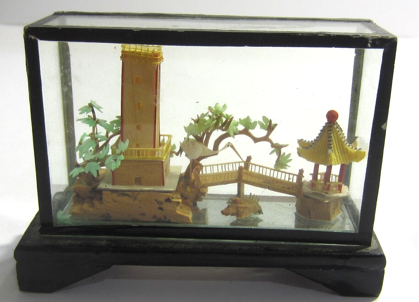Vintage Miniature Oriental Diorama Carving Crane Pagoda Trees Vintage Miniature Oriental Diorama Carving Crane Pagoda Trees
