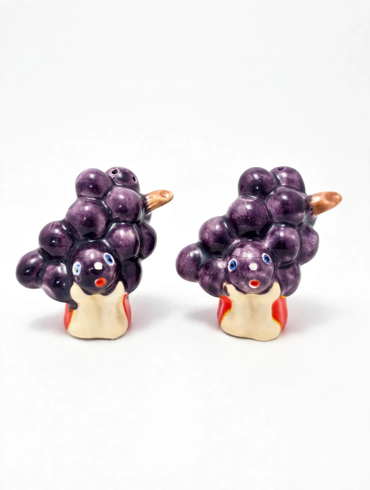 Vintage Japan Ceramic Grape Cluster Salt & Pepper Shakers - Anthropomorphic Face