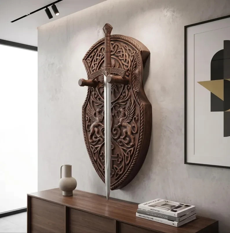 Medieval Style Wall Mounted Decorative Sword Ornate Carved Shield Gothic Home De