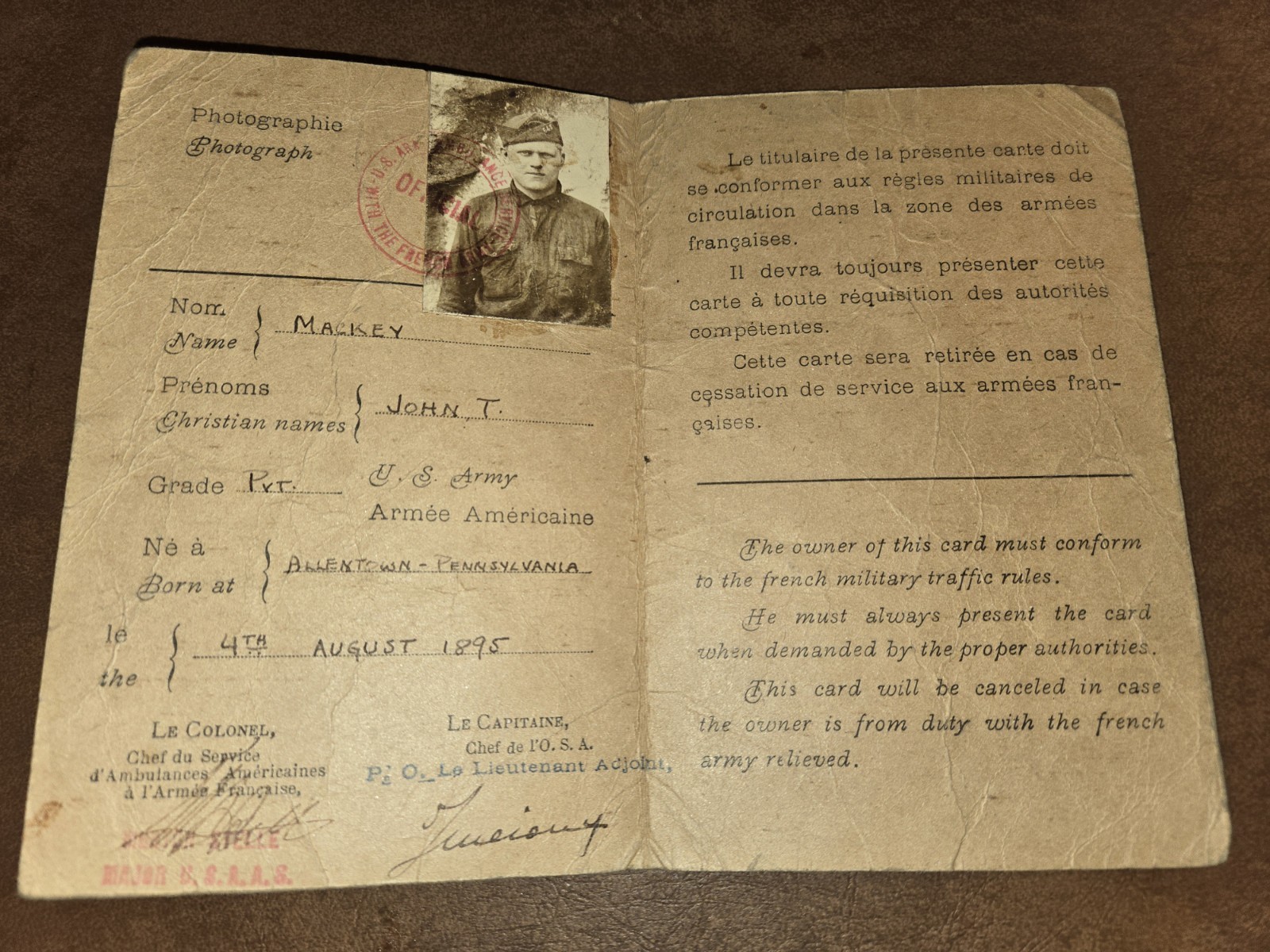 RARE WWI AEF IDENTIY CARD U.S. ARMY PRIVATE ALLENTWON PA FRENCH AUTHORIZATION