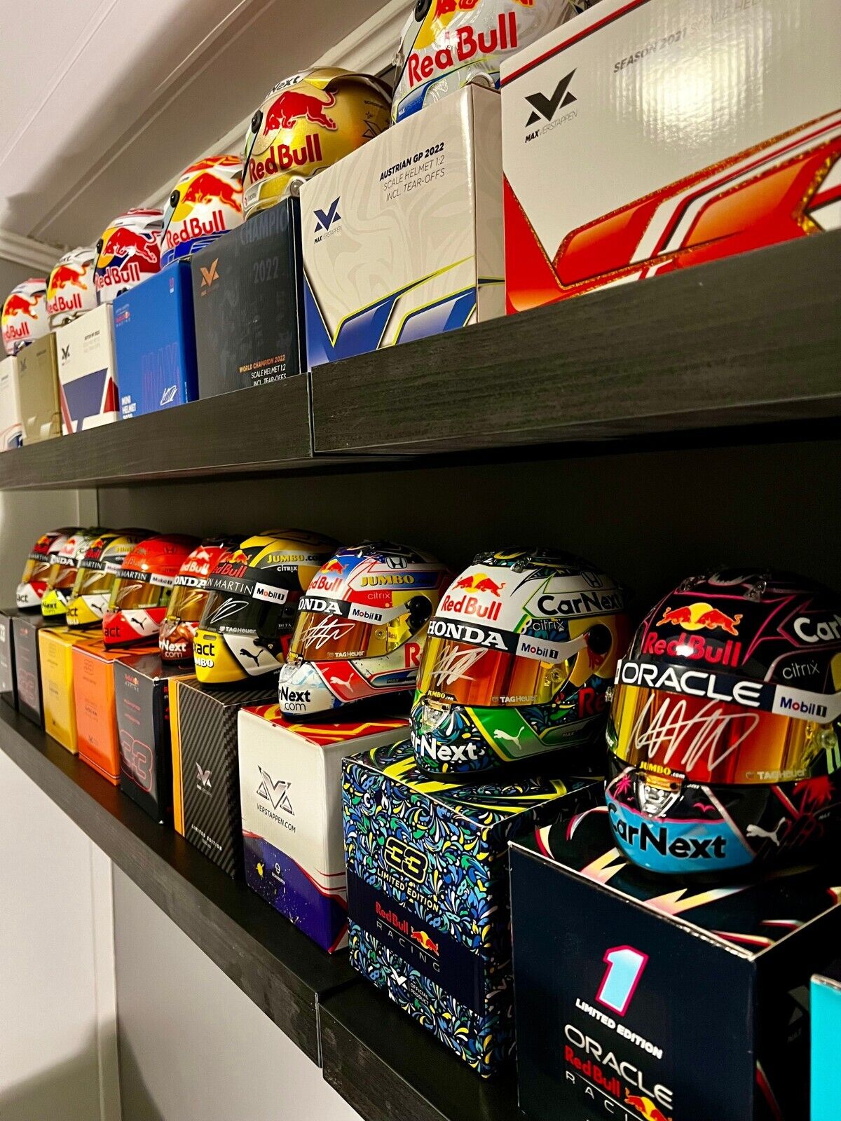 25x Max Verstappen 1:2 helmets. 9 Signed Complete and rare collection.