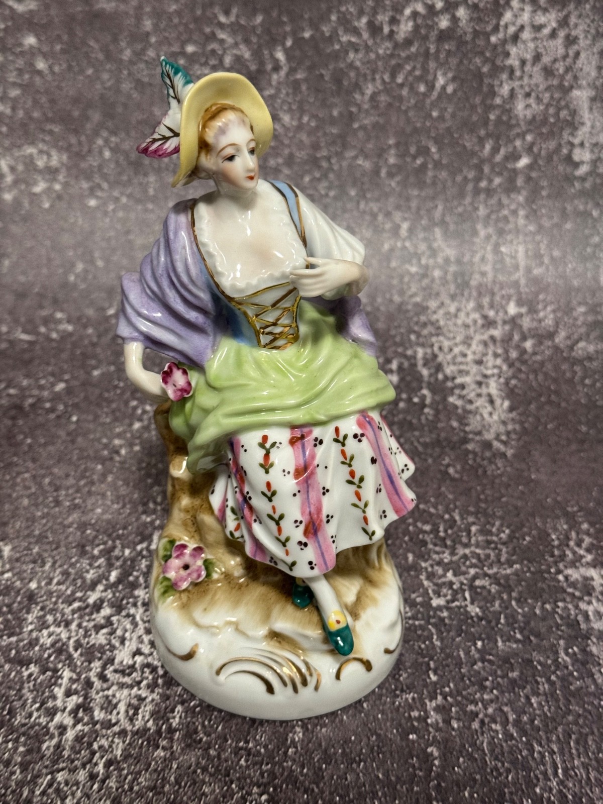 Vintage Porcelain Renaissance Lady Figurine Sitting on Stump 6.75 Vintage Porcelain Renaissance Lady Figurine Sitting on Stump 6.75