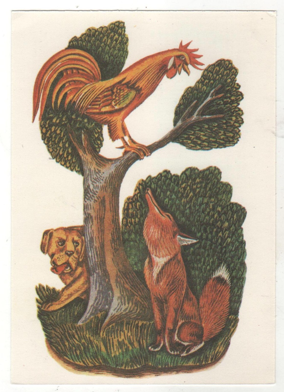 1982 Fairy Tale ill. LEO Tolstoy\'s Fable FOX & DOG & Cock RUSSIAN POSTCARD Old