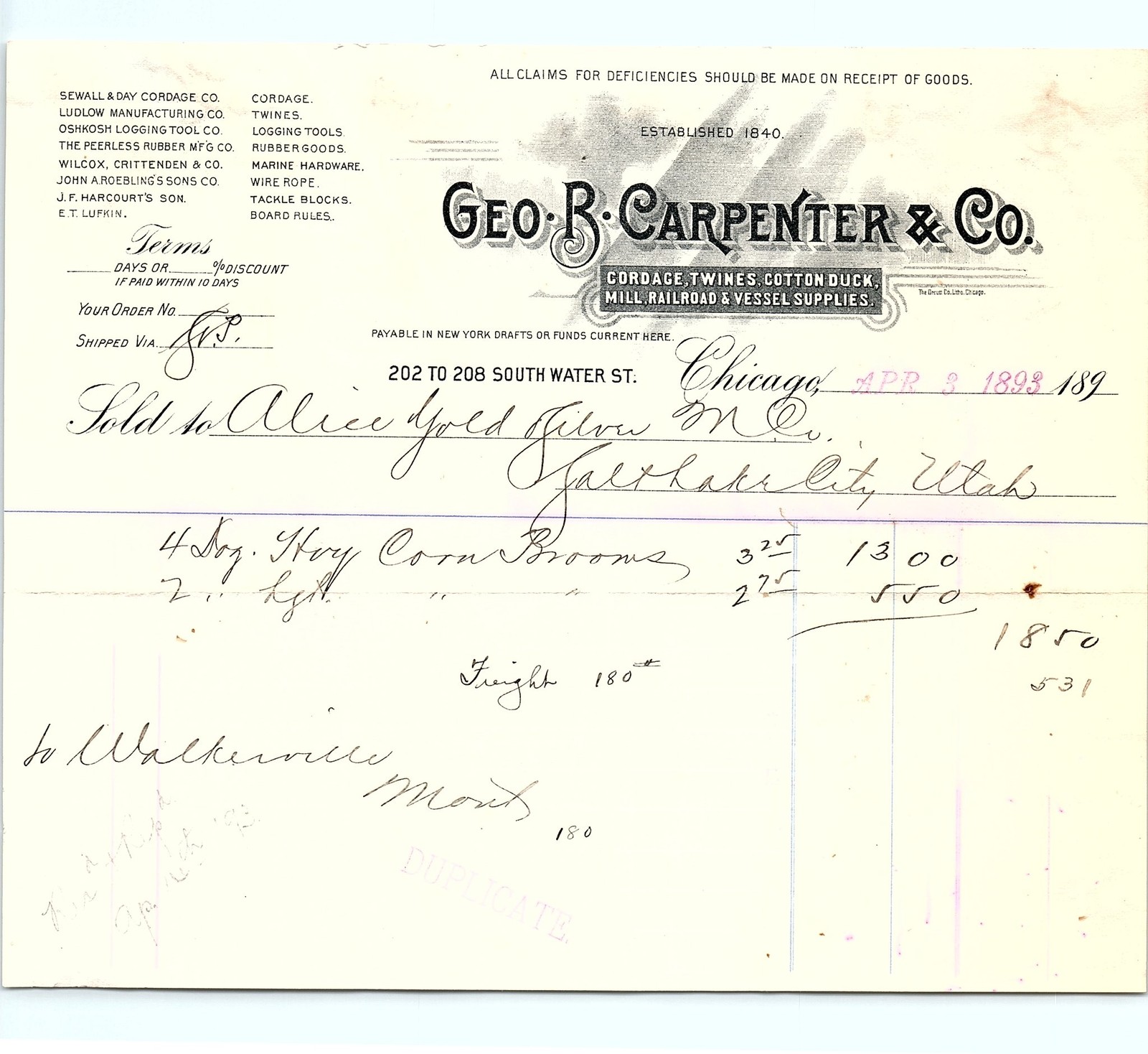 1893 GEO. B. CARPENTER & Co. Chicago Billhead for Brooms