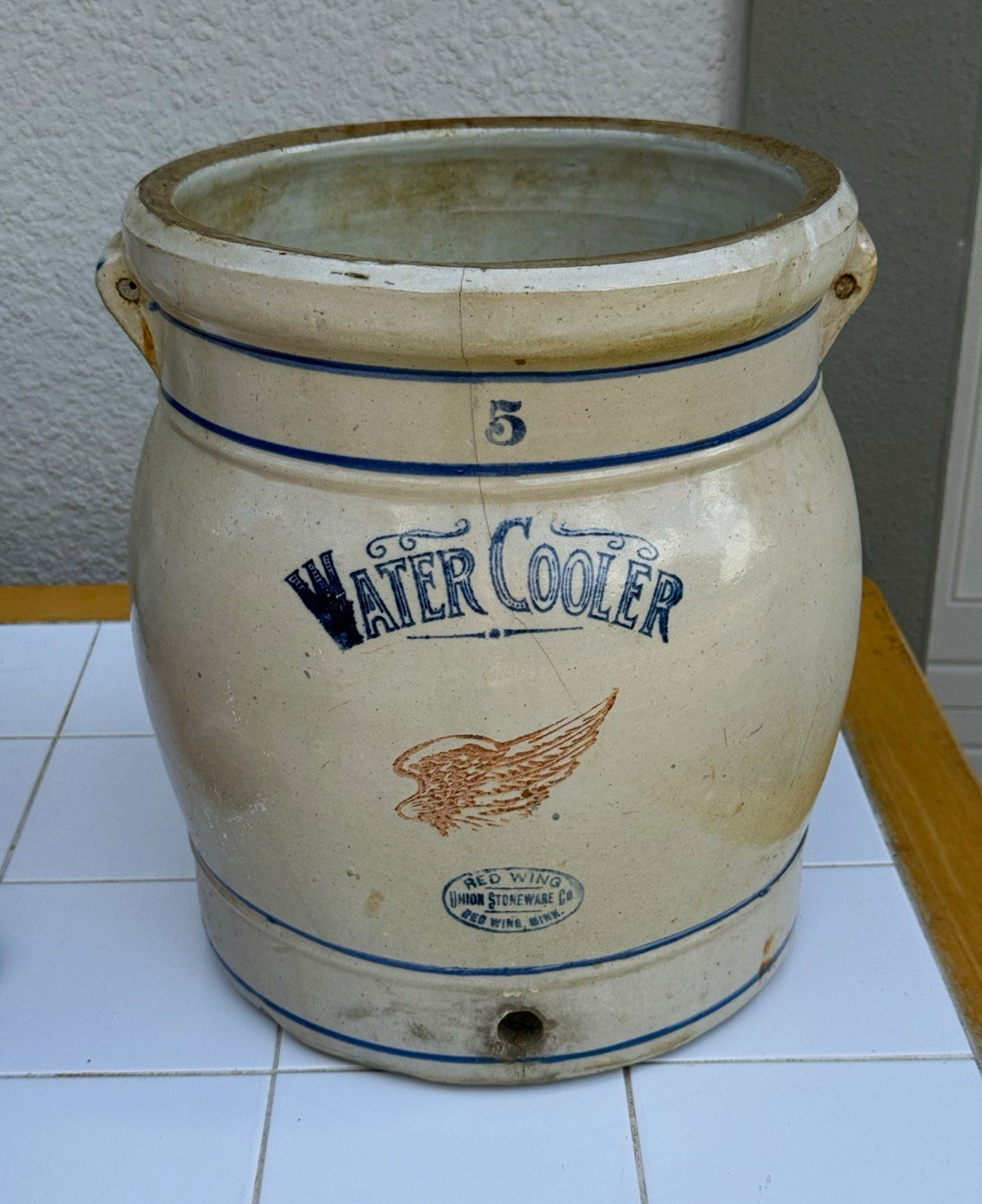 Red Wing Union Stoneware Co. #5 Stoneware Water Cooler Crock Beige/Blue