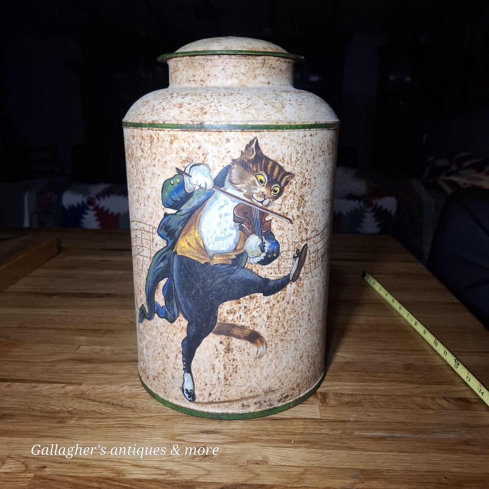 Vintage biscuit dairy milk can english Musical cat violin Hand painted
