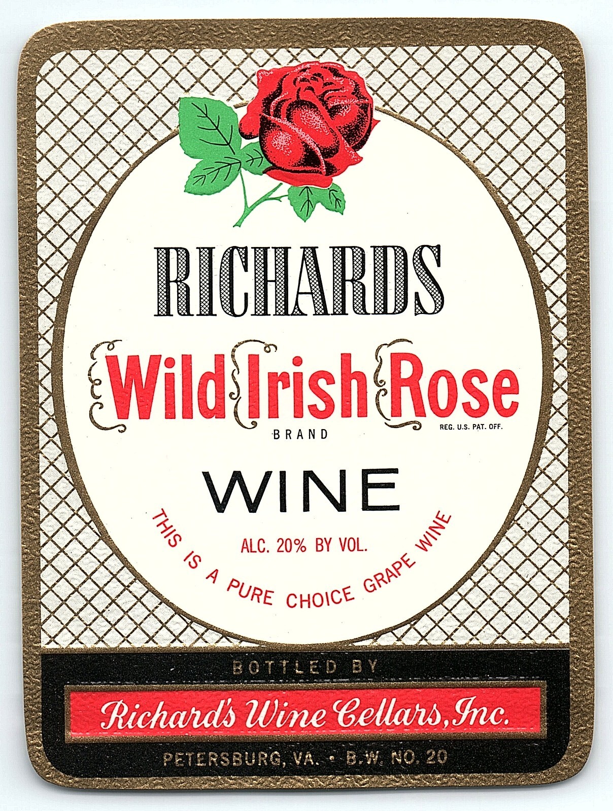 VINTAGE RICHARDS WILD IRISH ROSE WINE PETERSBURG VA UNUSED LABEL Z6987 VINTAGE RICHARDS WILD IRISH ROSE WINE PETERSBURG VA UNUSED LABEL Z6987