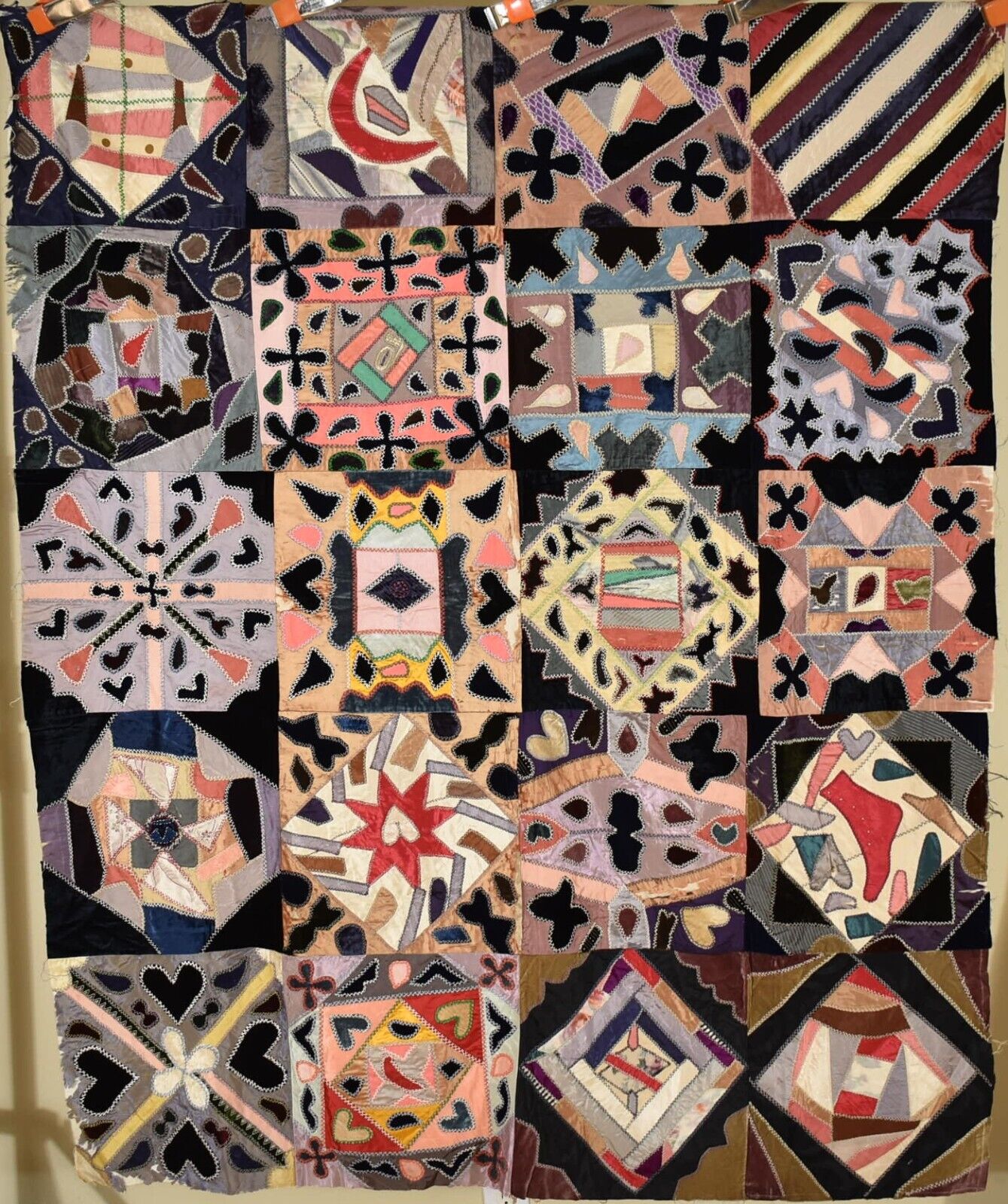 DAZZLING Vintage 1890's Crazy Antique Quilt ~Hearts & Other Charms