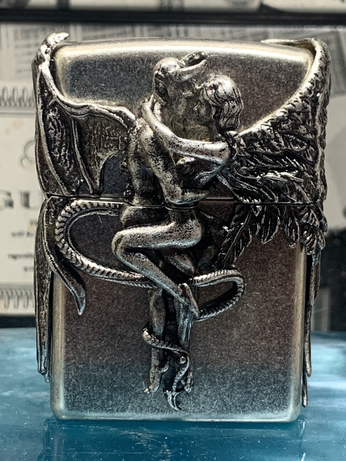 Zippo Angel Devil Wing Antique Silver Heavy Zippo Lighter In Wood box NEW Japan Zippo Angel Devil Wing Antique Silver Heavy Zippo Lighter In Wood box NEW Japan