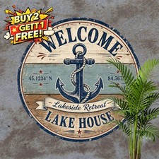 Lakeside Cabin Porch Welcome Sign Round Rustic Camp Metal Tin Plaque 8x8 picture