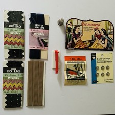 Vintage Sewing Lot Thimble, Hem Tape, Rick Rack, EZ-In Threader, Snaps, Needles picture