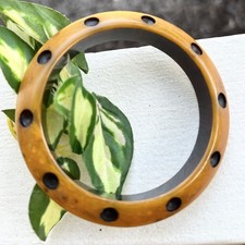 VTG Over-Dyed Polka Dot Bakelite Marbled Butterscotch Caramel Bangle Bracelet  picture