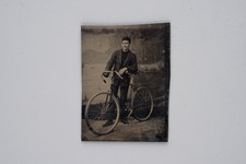 Original 1800s Antique Tintype (Ferrotype) Portrait of a Young Man with Bicycle picture