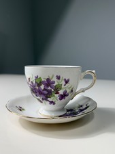 Vintage Queen Anne Bone China Violet Floral Tea Cup & Saucer England Gold Trim picture