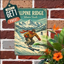 Snowy Alpine Mountain Skier Tin Sign Vintage Winter Sports Metal Wall Plaque picture