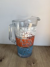 Vintage Retro Mid Century Geometric Block Glass Pitcher | White Blue Orange 70s picture
