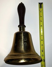 Large Old Brass Metal Hand School Bell w/ Wooden Handle 12 in Tall picture