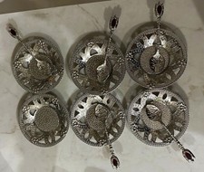 Vintage Acar Turkish Silver Tone Ornate Lattice Coaster Plate Set Made in Turkey picture