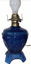 Rare Vintage Blue Glass Electrified Kerosene Lamp Roses picture