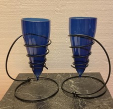 Vintage Cobalt Blue Glass Vases Candle Holders Wrought Iron Spiral Stands Pair picture
