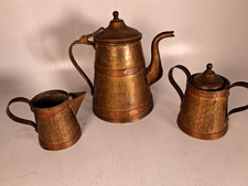 Antique Hammered Brass And Copper Bound 3Pc. Coffee Set, Arts And Crafts Period picture