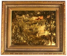 Antique Orotone Goldtone Photograph On Glass Japanese Garden Temple Shrine Frame picture