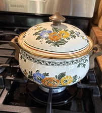 Vintage ASTA Floral Metal Enamel Base Pot Casserole Dish W/ Lid Germany picture