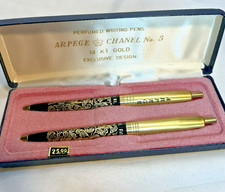 Vtg Arpege Chanel No. 5 14kt Gold Filigree Perfumed Writing Ballpoint Pens/Case picture