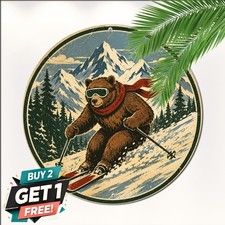 Winter Mountain Skiing Bear Adventure Round Metal Sign Retro Sport Wall Tin Art picture
