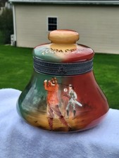 Rare Antique Victorian Handel Hand Painted Art Glass Golfers Tobacco Humidor Jar picture