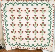 MUSEUM QUALITY Vintage 1870s Red & Green Meadow Lily Antique Quilt ~Swag Border picture