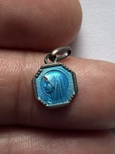 • Antique French Turquoise Enamel Virgin Mary Medal Octagonal Art Deco Pendant picture