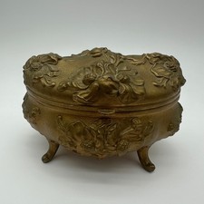 ANTQ Art Nouveau Jewelry Casket Footed Spelter Pot Metal Box Rose Relief Lined picture