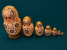 Russian Matryoshkas Nesting Doll 7 Wood Burned & Painted Gold,White Russia picture