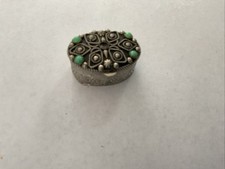 Vintage Oval Silvertone W/ Faux Green Turquoise & Seed Pearls Pill Box. 1 Inch picture