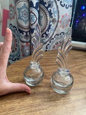 Pair Vtg Art Deco Glass Perfume Bottles Wing Feather Stopper Vanity Set Clear MC picture