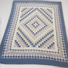 Vtg Antique Diamond Floral Blue Purple Patchwork Quilt Hand Quilted 96x82