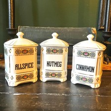 Antique 1930s White Block Czechoslovakia Porcelain Spice Jars Set Art Deco 3pc picture