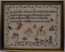 SMALL EARLY/MID 19TH CENTURY MOTIF & VERSE SAMPLER BY MARY ANN ASPDEN - 1842 picture