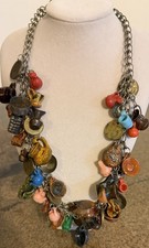 Mexican Folk Art Assemblage Charm Necklace 40+ Charms Coins Ceramic 21” picture