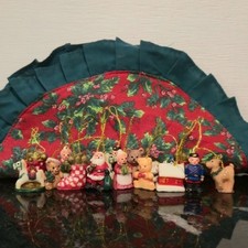 Mini Vintage Christmas Ornaments & Tree Skirt Set 1980s Holiday Miniatures Sant picture