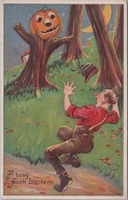 Antique Embossed Halloween Postcard- Jack O Lantern Scares Man picture