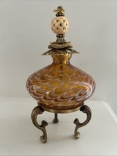 Beautiful VTG Connie Sicotte Amber Swirl Glass Oil Lamp + Stand picture