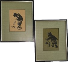 Vtg Helen Kalvak Inuit Burlap Art Textile StoneCut Gallery Framed Set Of 2 picture