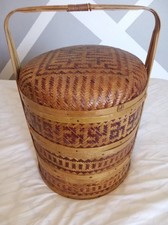 Vintage Chinese Wedding Basket 3 Tier RARE Woven Wicker & Bamboo Rattan picture
