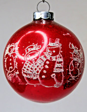 VTG Pre WWII Glass Pictured Mrs Ms SNOWMAN BALL Christmas Ornament Corning RED picture