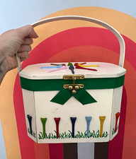 Rare vintage 60s golf tee themed wooden purse sewing basket picture