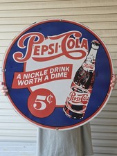 VINTAGE HUGE PEPSI-COLA 5 CENTS PORCELAIN SIGN 29