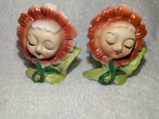 Japan AUTHENTIC VINTAGE 1950s MCM Anthropomorphic Flower Salt + Pepper Shakers picture